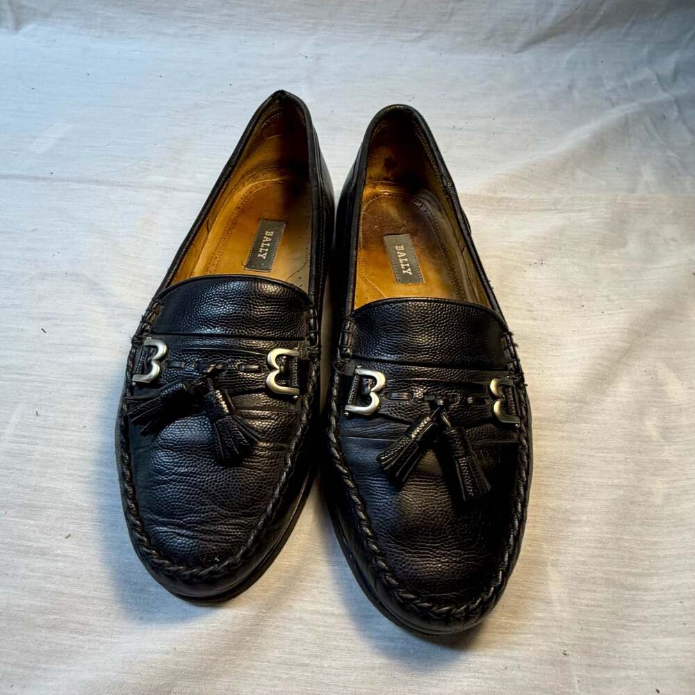 Bally Black Pebbled Leather Tassel Bit Loafers Shoes
